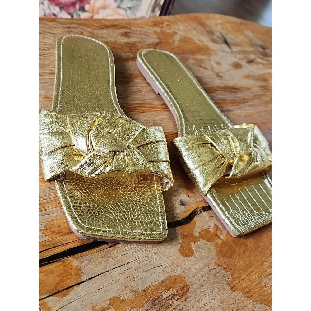 Metallic Gold Knotted Croc Embossed Slides Flats Square Toe EUR 43